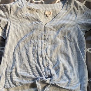 Blue and white striped v neck shirt